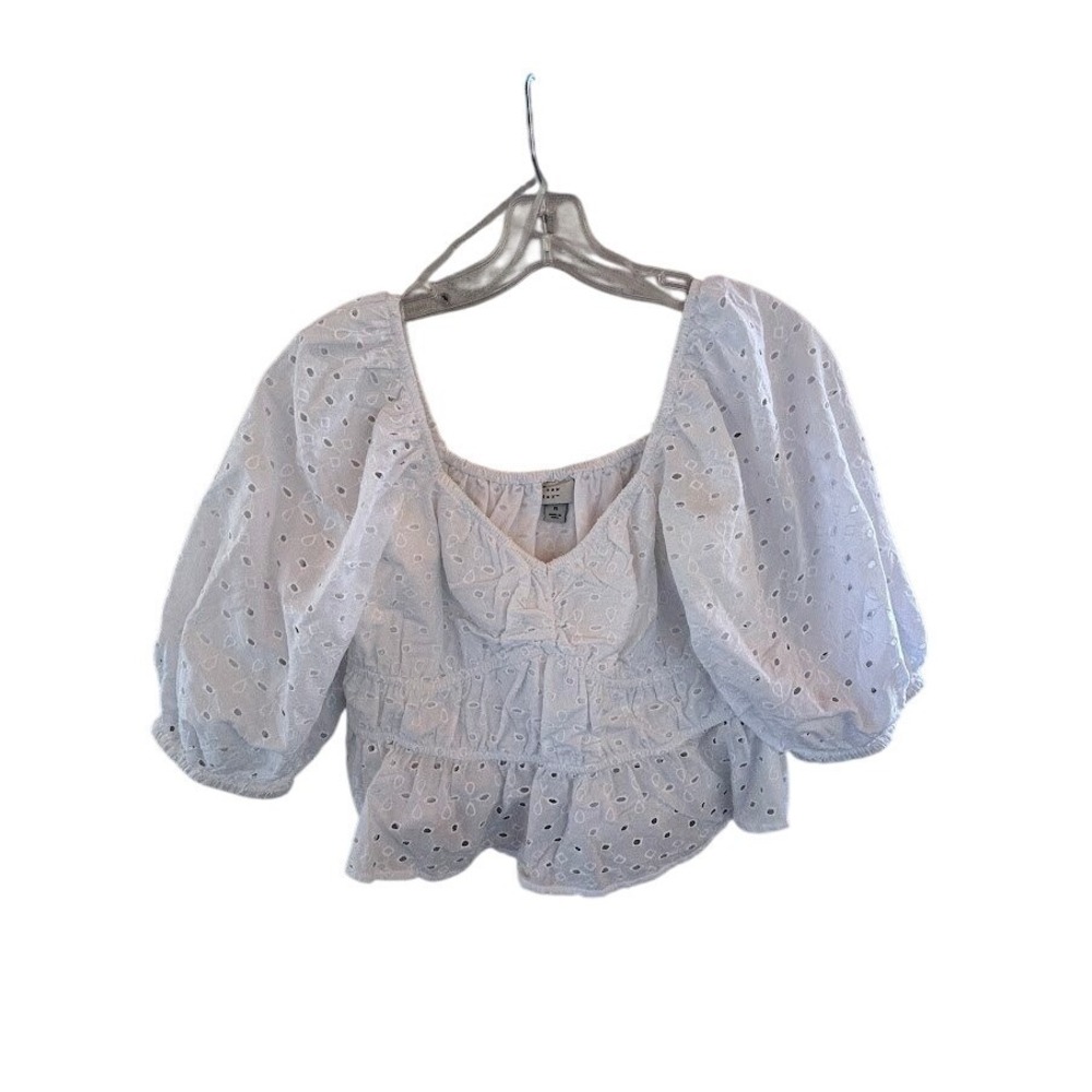 A New Day White Eyelet‎ Puff Sleeve Peplum Top Women's Medium